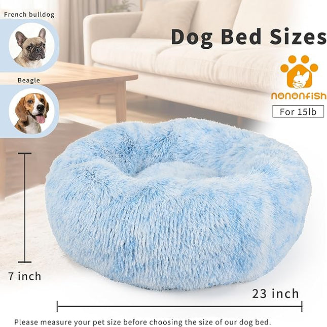 Blue Dog Bed for Small Dogs Fluffy Anti-Anxiety, Calming 23 inch Beds Washble Snuggle Safe Gradient Blue