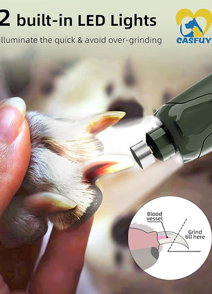 Casfuy Dog Nail Grinder Quiet - (45db) 6-Speed Pet Nail Grinder with 2 LED Lights for Large Medium Small Puppy Dogs/Cats, Professional 3 Ports Rechargeable Electric Dog Nail Trimmer with Dust Cap