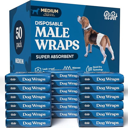 Comfortable Male Dog Diapers - 50-Pack Super Absorbent Disposable Male Dog Wraps- FlashDry Gel Technology, Wetness Indicator Doggie Diapers- Leakproof Belly Wraps for Incontinence, Excitable Urination