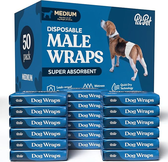 Comfortable Male Dog Diapers - 50-Pack Super Absorbent Disposable Male Dog Wraps- FlashDry Gel Technology, Wetness Indicator Doggie Diapers- Leakproof Belly Wraps for Incontinence, Excitable Urination