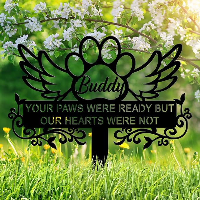 Personalized Angel Pet Memorial Grave Marker Dog Cat Paw, Custom Pet's Name Cemetery Decorations for Funerary, Metal Pet Burial Garden Stake, Outdoor Sympathy Angel Handstone Stake Plaque Gift for Loss Dog Cat