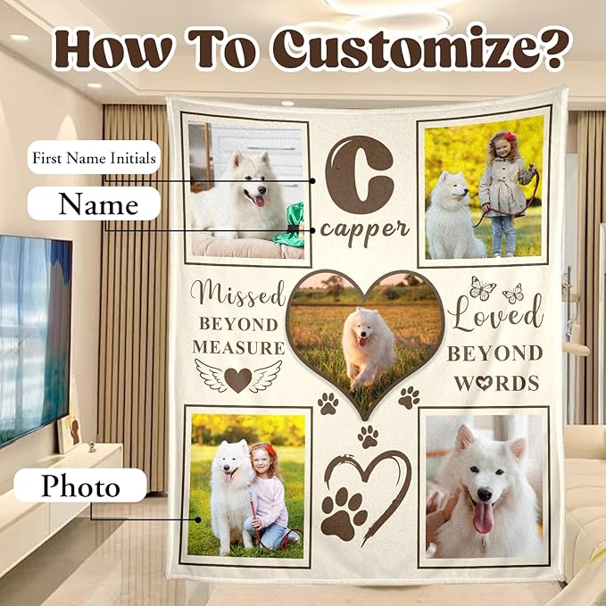 WFR Personalized Pet Memorial Throw Blanket with Photo-Pet Memorial Gifts for Dogs Cats Loss of Dog Sympathy Gift Bereavement Remembrance Passing Away Gifts,Pet Picture Blanket (5-Photos)