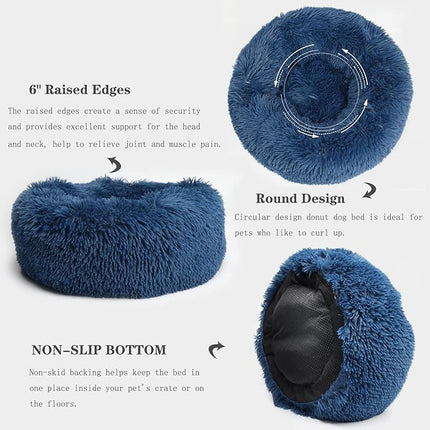 Calming Dog Bed for Small Dogs Washable Donut Cozy Soft Puppy Bed for Extra Small Pet with Anti-Anxiety 19 inches Fits up to 15 lbs,Navy Blue