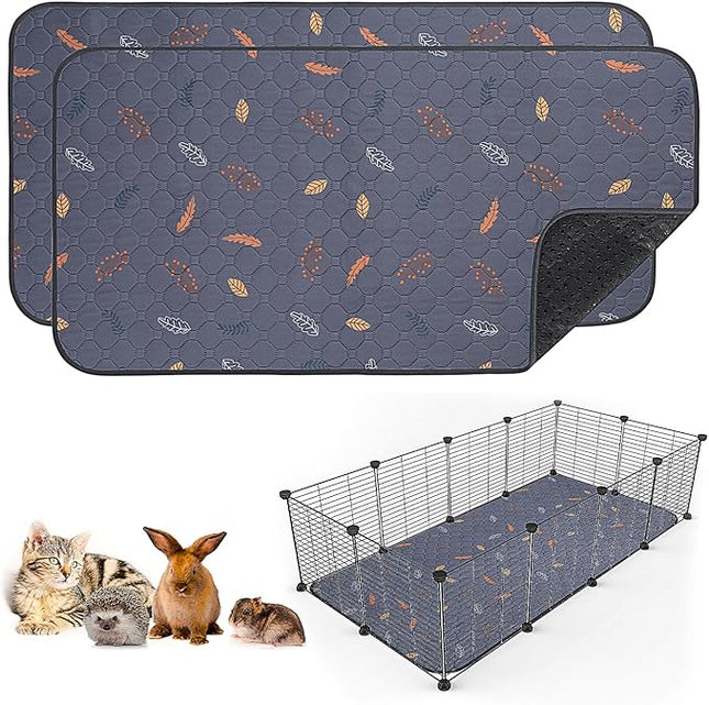 Sunheir 2 Pack Washable Guinea Pig Pee Pads, 24" x 48" Waterproof Reusable Guinea Pig Cage Liners, Absorbent Bedding Training Mat for Small Animal Guinea Pigs Rabbit Bunny Hamster (Leaves - Deep Grey)