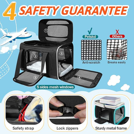 Petskd Top-Expandable Pet Carrier with Wheels 18x11x11 Inches Delta American United Airline Approved, Soft-Sided Carrier for Small Cats Dogs with Locking Safety Zippers and Anti-Scratch Mesh(Black)