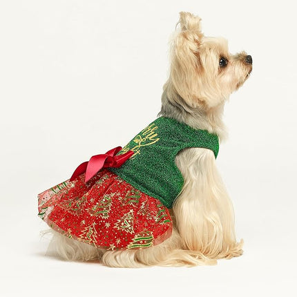 Fitwarm Sparkly Dog Christmas Outfit, Tulle Dress, Winter Clothes for Small Dogs, Christmas Tree Outfit, Red, Green, Golden, XS
