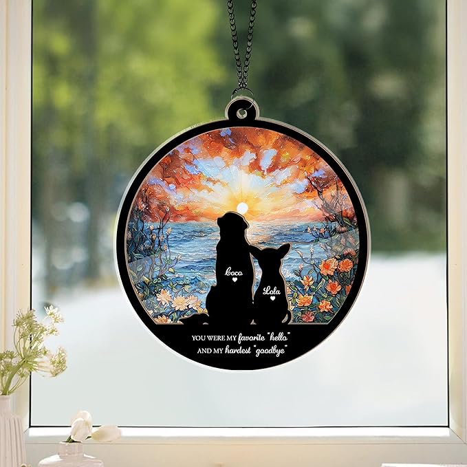 Personalized Pet Memorial Suncatcher – Custom Dog Cat Suncatcher with Name and Breed for Up to 3 Pets, Sympathy Gift for Pet Loss, Memorial Gift for Dog and Cat Lovers