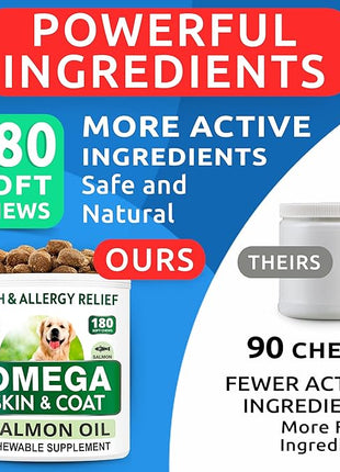 Omega 3 for Dogs and Cats - 180 Fish Oil Treats for Dog Shedding, Skin Allergy, Itch Relief, Hot Spots Treatment - Joint Health - Skin and Coat Supplement - EPA & DHA Fatty Acids - Salmon Oil - Bacon