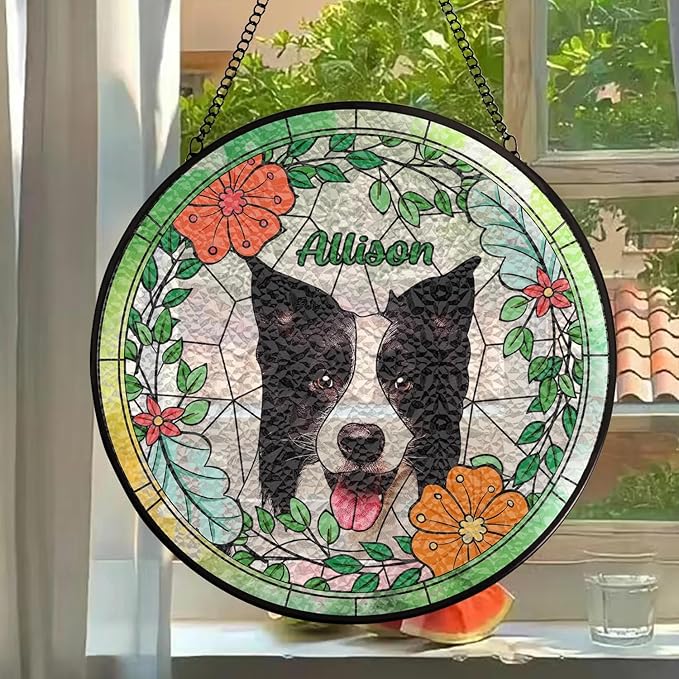Gabita Custom Pet Portrait Stained Glass Window Hanging, Memorial Dog Portrait Art Ornaments, Dogs Ornament Christmas Tree, Dog Sympathy Gift, Pet Memorial Ornament