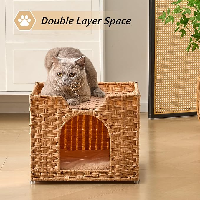 Cat Houses for Indoor Cats, Handwoven Rattan Cat Cave Pet Cube,Foldable Pet Cat House, Cat Beds with Double-Sided Mat, Hideaway, in Living Room Bedroom