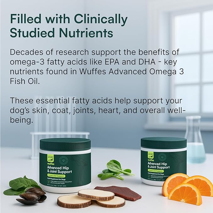 Wuffes Advanced Dog Hip and Joint Supplement with Glucosamine, Chondroitin, Omega 3, MSM, and Green Lipped Mussel, (Pack of 2, Small & Large Breed)
