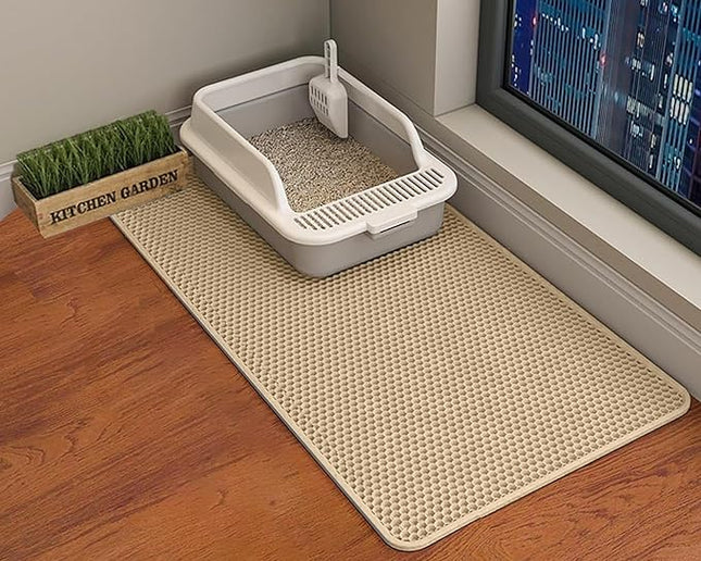 HCY&WLD Cat Litter Mat, 45x26 Inch Extra Large&Long Double Layer Cat Litter Box Mat, EVA Non-Slip, Waterproof Urine Proof Cat Litter Catcher Mat, Easy Clean Scatter Control (45x26 Inch, Khaki)