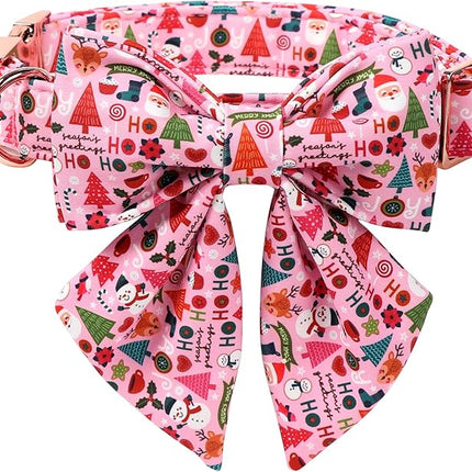 Lionet Paws Christmas Dog Collar with Sailor Bow, Cute Ho Christmas Tree Snowman Pink Dog Collar Bow Tie for Puppies and Cats, XS, Neck 8-12 inches