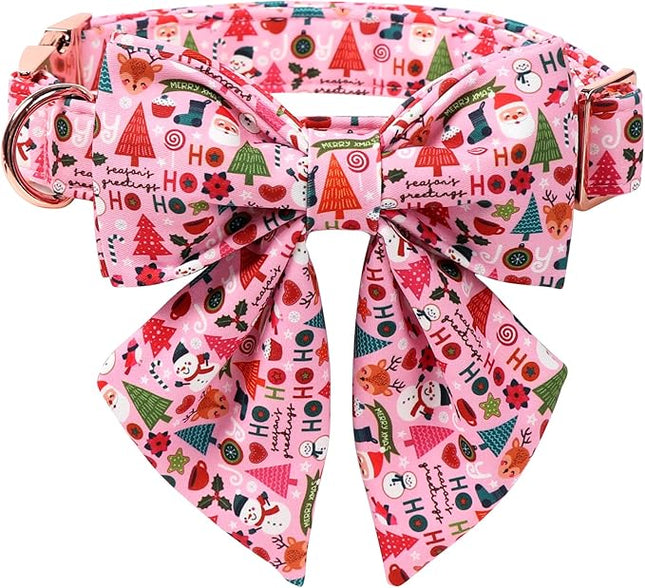 Lionet Paws Christmas Dog Collar with Sailor Bow, Cute Ho Christmas Tree Snowman Pink Dog Collar Bow Tie for Puppies and Cats, XS, Neck 8-12 inches