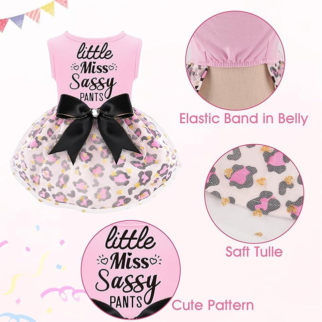 Little Miss Sassy Pants Dog Dress with Leopard Print Bowknot Dog Clothes for Small Medium Large Dogs Girls Boys Cats Outfit Apparel