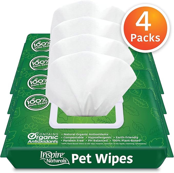 Inspire Naturals Pet Wipes for Dogs and Cats 100% Natural Plant Based with Organic Antioxidants, Dog Wipe Cleaning Deodorizing | Cat Wipes | Puppy Wipes | Dog Wipes for Paws and Butt (200ct - 4 Pack)