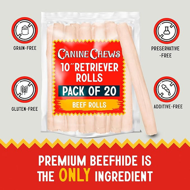 Canine Chews 10" Dog Rawhide Retriever Rolls - Bones for Large Dogs (20 Pack) - 100% USA-Sourced Natural Beef - Single Ingredient - Healthy Dental Chew