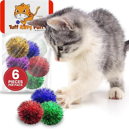 Tuff Kitty Puff Sparkle Ball Cat Toy - (1.5 inch) - Fluffy and Exciting Sparkle for Your Feline Friend - Assorted Colors - 6 Pack