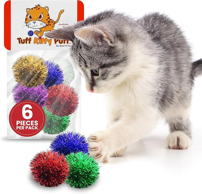 Tuff Kitty Puff Sparkle Ball Cat Toy - (1.5 inch) - Fluffy and Exciting Sparkle for Your Feline Friend - Assorted Colors - 6 Pack