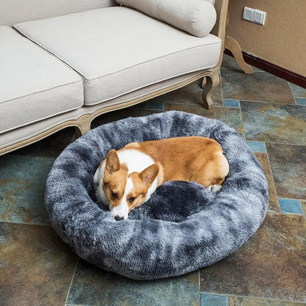 Coohom Oval Calming Donut Cuddler Dog Bed,Shag Faux Fur Cat Bed Washable Round Pillow Pet Bed(30"/36") for Small Medium Dogs (XXL(43"x34"x8"), Grey2021)