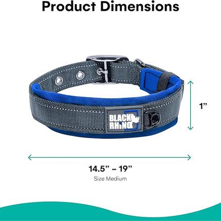 Black Rhino Dog Collars for Medium Dogs - Adjustable Reflective Heavy Duty Dog Collar with Ultra-Soft Neoprene Padding - Weatherproof, Durable, and Comfortable for Active Dogs - Sport Blue and Black