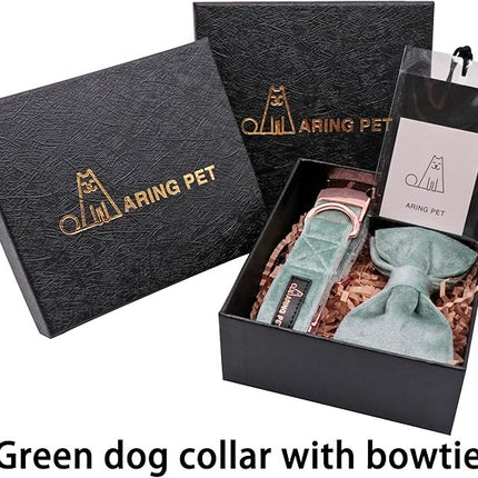 ARING PET Velvet Dog Collars with Bow tie, Dog Bowtie Collar, Adjustable Green Dog Collar,Large.