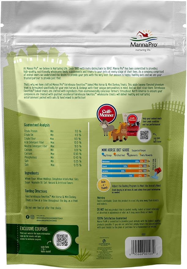 Manna Pro Farmhouse Favorites Mini Horse & Mini Donkey Treats –Baked Snack for Mini Horses & Mini Donkeys – Hand Mixed Treat – Oats, Apple & Banana Flavored – 3lb Bag