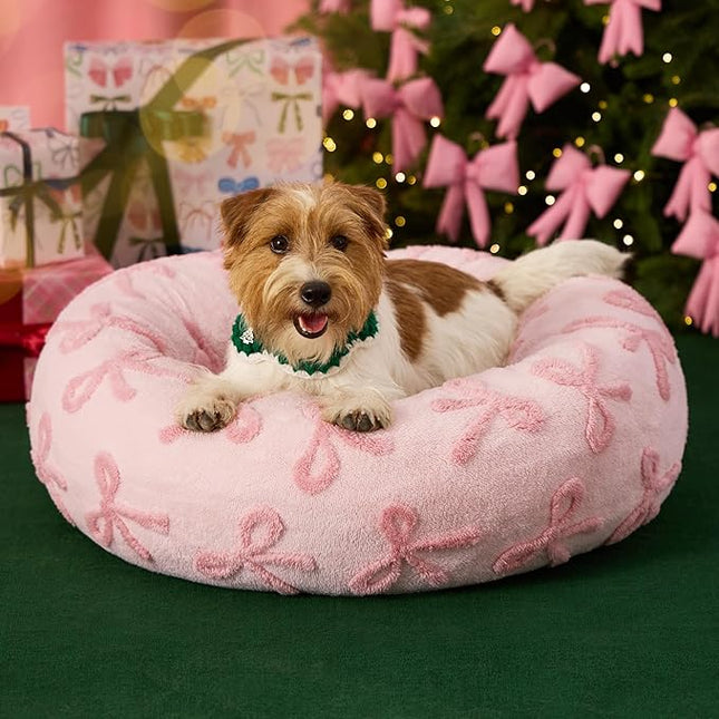 LE SURE Donut Small Dog Bed - Round Cat Beds for Indoor Cats Anti-Anxiety Calming Gift for Pets, Washable Cute Modern Beds with Jacquard Shaggy Plush & Anti Slip Bottom, 27 Inch, Pink Taffy
