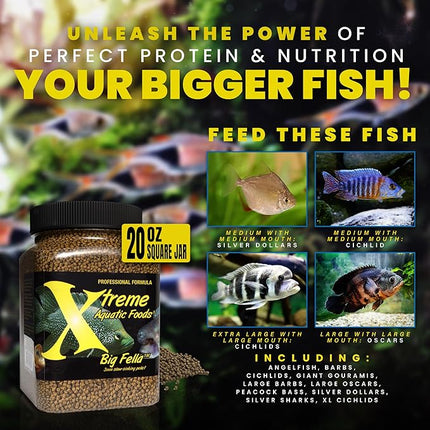 Xtreme Big Fella 3.0mm Pellets: Professional Nutrition for Medium to Large Cichlid/Community Fish - Boost Immune & Digestive Health, Color & Energy, Max Protein Fish Food – USA Farm Grown (20oz)