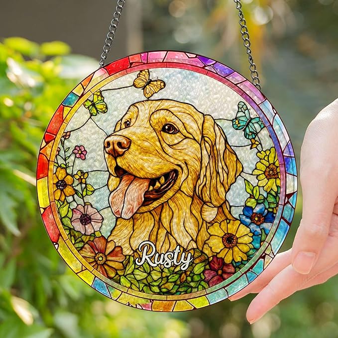 Personalized Window Hanging Suncatcher Dog Portrait Stained Glass Window Hangings, Pet Stained Glass Suncatcher, Loss of Dog Custom Name Dog Memorial Gifts