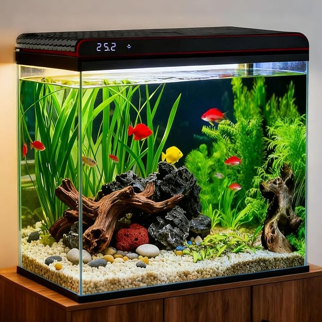 Coospider 20 Gallon Fish Tank, Glass Aquarium Starter Kit, with Ultra-Quiet Filter Pump, 3-Color LED Lights, Self-Cleaning Aquarium with Temp Monitoring for Betta Fish, Shrimp, Kids Gift Idea