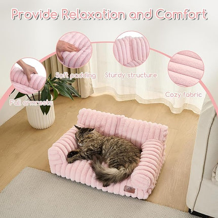 Hollypet Fluffy Plush Pet Cat Couch Soft Calming Pet Sofa Beds for Medium Small Cats and Dogs, Light Pink