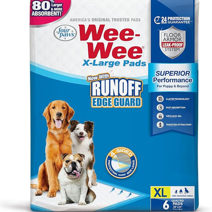 Four Paws Wee-Wee Superior Performance Pee Pads for Dogs with Runoff Barrier Edge Guard Protection, Puppy & Dog Potty Training Pads, Housebreaking Supplies, 28" x 34" (6 Count)