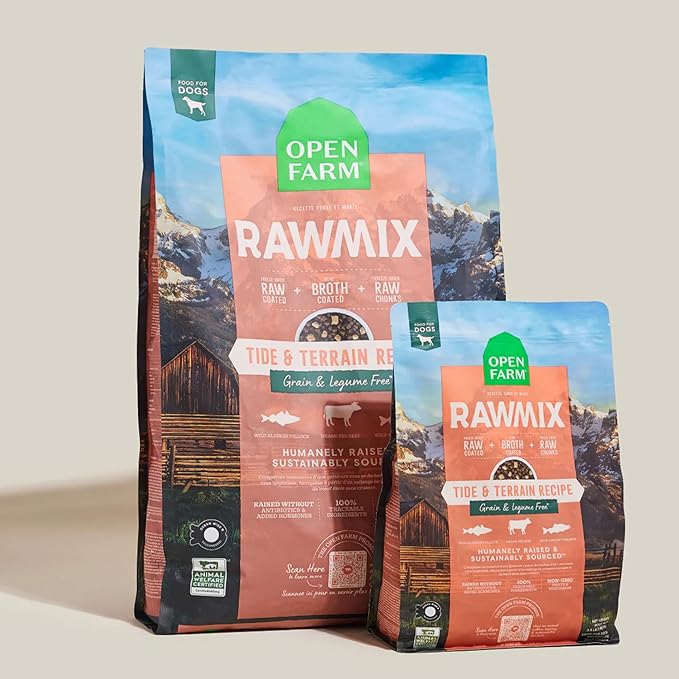Open Farm, RawMix Grain-Free Dry Dog Food, Protein-Packed Kibble Coated in Bone Broth with Freeze Dried Raw Chunks, Pollock Beef & Salmon, Tide & Terrain Recipe, 20lb Bag