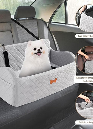 Car Seat for Large Size Dog, Booster Seat for Dogs Under 55 lbs or 2 Small Dogs, Soft Car Dog Bed Filling in Thick Memory Foam with 2 Safety Leashes and Storage Pocket (Grey)