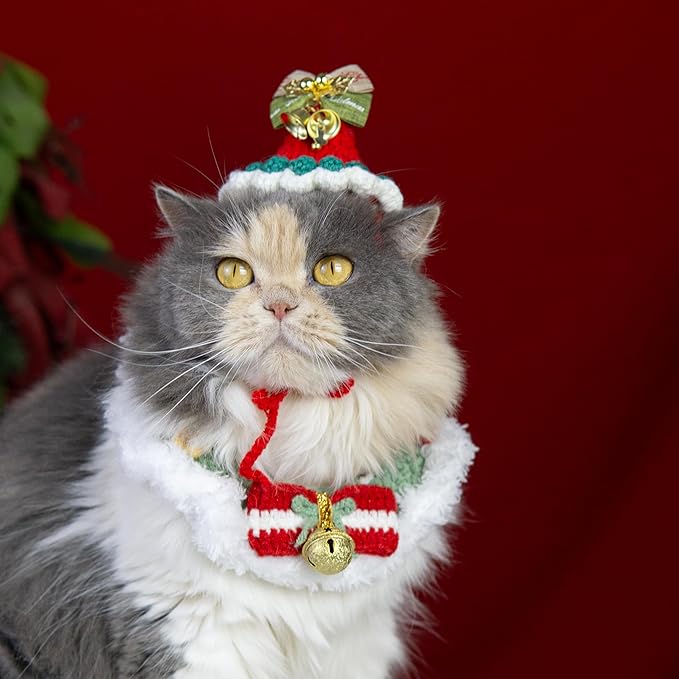 Christmas Cat Costume, Handmade Dog Holiday Outfit with Christmas Tree Hat & Wreath Scarf Set, Adjustable, Lightweight & Breathable, Pet Accessories for Xmas Party & Photos