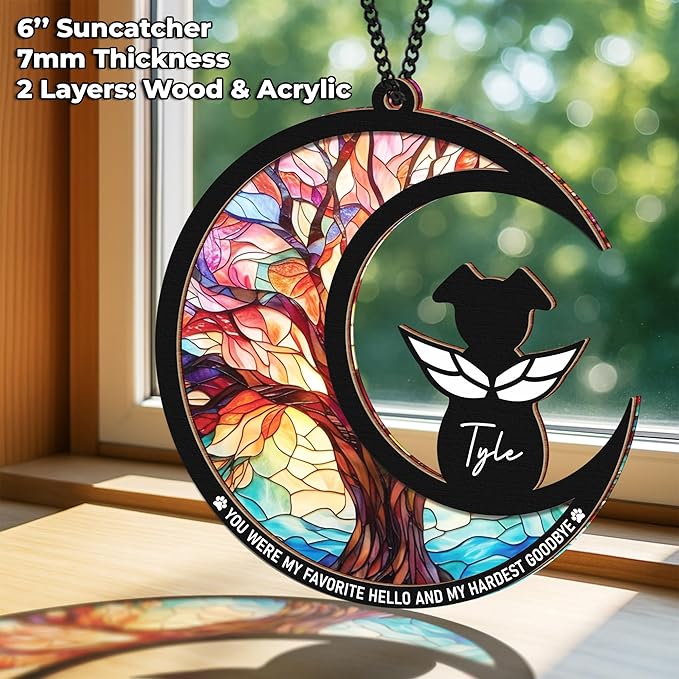 6" Dog Angel Memorial Suncatcher, Engraved Pet Memorial Ornament, Pet Sympathy Keychain, Loss of Animal Sympathy Card, Rainbow Bridge Dog Loss Gift, My Favorite Hello Hardest Goodbye PS190