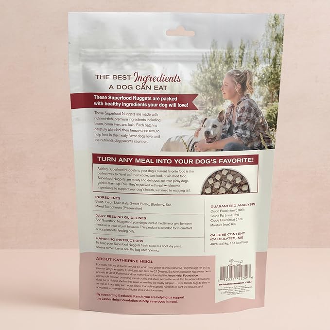 BADLANDS RANCH Superfood Nuggets- Premium, Freeze-Dried raw Dog Food Topper or Treat. Powerful Nutrient-Dense Ingredients. No Artificial additives. Bison and Kale Formula 8oz - 4pk Bundle