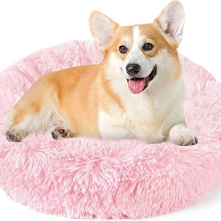 NOYAL Calming Donut Dog Bed for Small to Medium Dogs & Cats - Plush Faux Fur Anti-Anxiety Pet Bed with Machine Washable Cover & Non-Slip Base