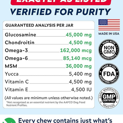 Glucosamine Treats for Dogs - Joint Supplement w/ Omega-3 Fish Oil - Chondroitin, MSM - Advanced Mobility Chews - Joint Pain Relief - Hip & Joint Care - Peanut Butter Flavor - 180 Ct - Made in USA