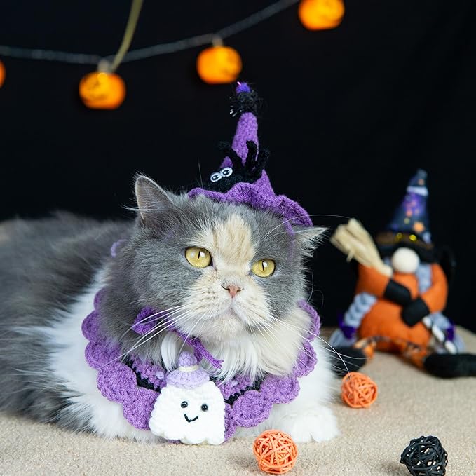 Halloween Cat Costume & Dog Outfit – Handmade Purple Witch Hat & Cute Ghost Cat Clothes, Adjustable Pet Outfit for Cats &Small Dogs, Lightweight & Breathable, Festive Pet Accessories