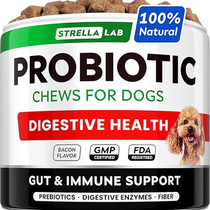 StrellaLab Dog Probiotics Treats for Picky Eaters - Digestive Enzymes + Prebiotics - Chewable Fiber Supplement - Allergy, Diarrhea, Gas, Constipation, Upset Stomach Relief - Improve Digestion&Immunity