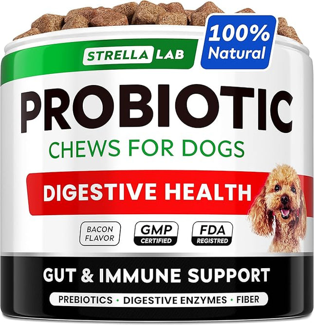 StrellaLab Dog Probiotics Treats for Picky Eaters - Digestive Enzymes + Prebiotics - Chewable Fiber Supplement - Allergy, Diarrhea, Gas, Constipation, Upset Stomach Relief - Improve Digestion&Immunity