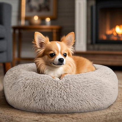 Dogs Bed for Small Dogs, Anti-Anxiety Washable Round Bed (Brown, 24.0" L x 24.0" W x 8.0" Th)