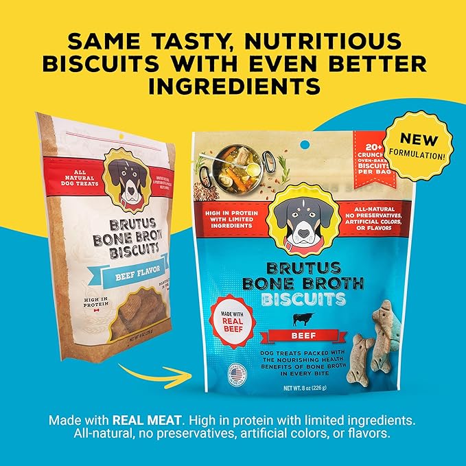Brutus Bone Broth Biscuits (Beef) - Healthy Dog Treats - Natural Dog Biscuits with Bone Broth and Real Beef for Healthy Joints - 18 Grams of Protein - 8 OZ (Pack of 2)