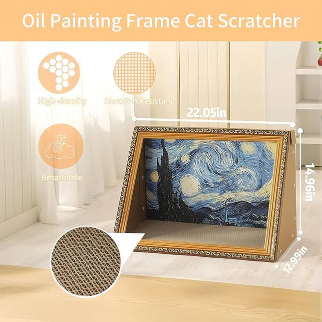 Horizontal Oil Painting Cat Scratcher & Bed - Durable Art Frame with Replaceable Art, Cat House for Indoor Cats Simple-Assembled Bed Couch Cave Condo Home Decoration(Starry Night & Gold Mountain)