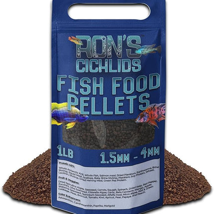 RON'S CICHLIDS Adult African Cichlid Fish Food Pellets – USA Made Slow Sinking Cichlid Pellets & Sticks Feed, Low Fillers, Ideal for Cichlid Food, Koi, Goldfish, Pleco, Oscar & Tropical Fish, 1 LB