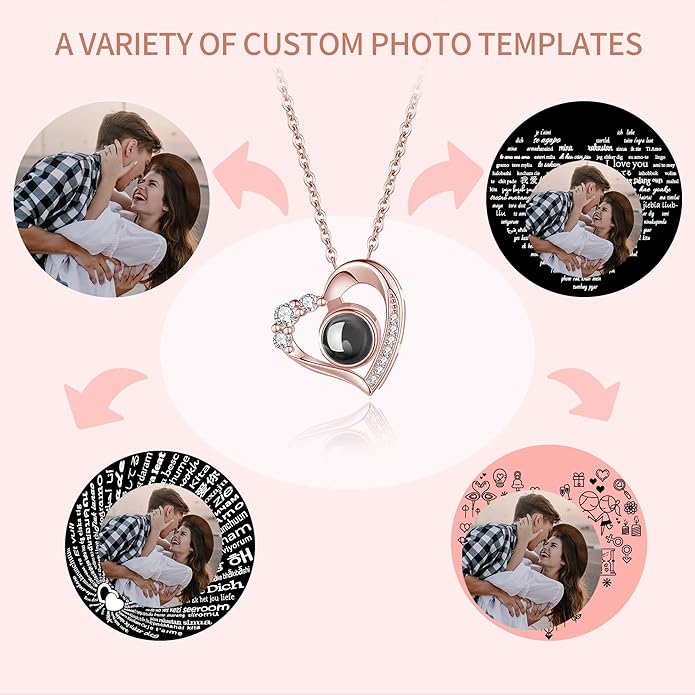 Easycosy Personalized Picture Necklace Projection Necklace with Photo Inside - Custom Photo Heart Pendant Necklace - Photo Gifts Valentines Birthday Love Memorial Gifts for Girlfriend Wife Women
