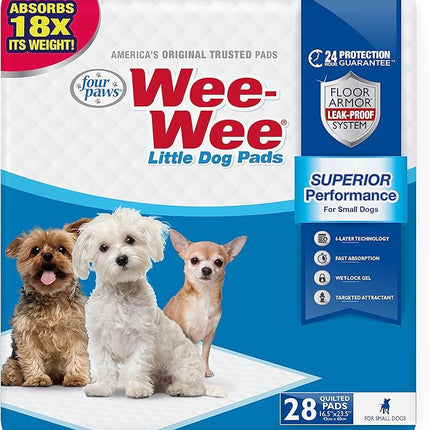 Four Paws Wee-Wee Superior Performance Unscented Little Pee Pads for Small Dogs, Leak-Proof Dog Housebreaking Potty Training Floor Protection, 16.5"x23.5", 28 Count