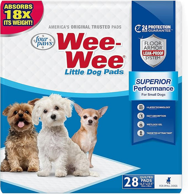 Four Paws Wee-Wee Superior Performance Unscented Little Pee Pads for Small Dogs, Leak-Proof Dog Housebreaking Potty Training Floor Protection, 16.5"x23.5", 28 Count